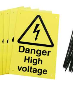 Danger high voltage Signs pre-drilled holes with 24 cable ties. yellow background with black text and symbol