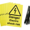 Danger electric shock risk signs pre-drilled holes with 24 cable ties. yellow background with black text and symbol