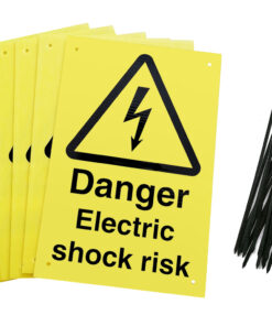 Danger electric shock risk signs pre-drilled holes with 24 cable ties. yellow background with black text and symbol