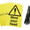 Mind your head signs pre-drilled holes with 24 cable ties. yellow background with black text and symbol