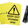 keep out unstable area signs pre-drilled holes with 24 cable ties. yellow background with black text and symbol