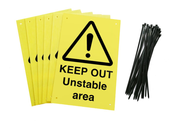 keep out unstable area signs pre-drilled holes with 24 cable ties. yellow background with black text and symbol