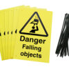 danger falling objects signs pre-drilled holes with 24 cable ties. yellow background with black text and symbol