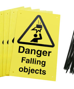 danger falling objects signs pre-drilled holes with 24 cable ties. yellow background with black text and symbol