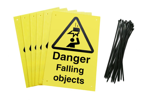 danger falling objects signs pre-drilled holes with 24 cable ties. yellow background with black text and symbol