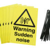 Warning sudden noise signs pre-drilled holes with 24 cable ties. yellow background with black text and symbol