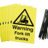 warning fork lift truck signs pre-drilled holes with 24 cable ties. yellow background with black text and symbol