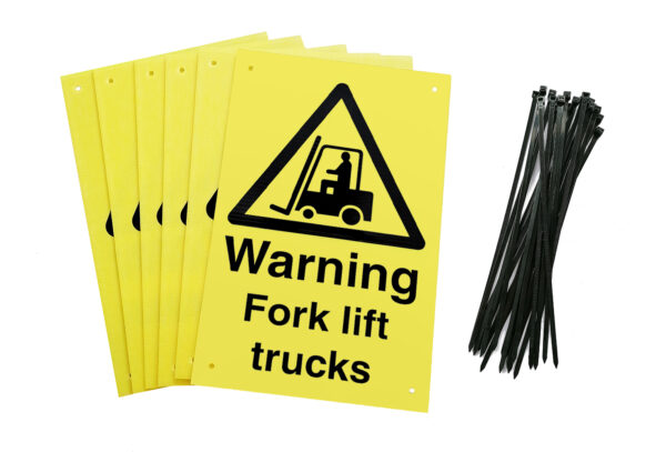 warning fork lift truck signs pre-drilled holes with 24 cable ties. yellow background with black text and symbol