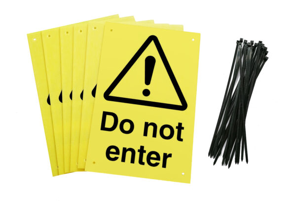 Do not enter signs pre-drilled holes with 24 cable ties. yellow background with black text and symbol