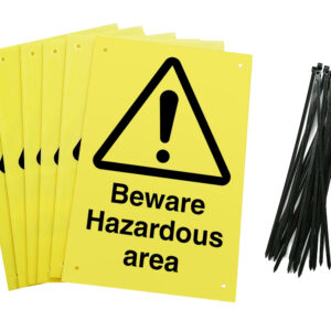 Beware hazardous area signs pre-drilled holes with 24 cable ties. yellow background with black text and symbol