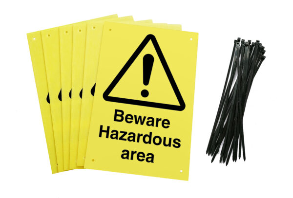 Beware hazardous area signs pre-drilled holes with 24 cable ties. yellow background with black text and symbol