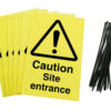 Caution site entrance signs pre-drilled holes with 24 cable ties. yellow background with black text and symbol