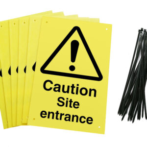 Caution site entrance signs pre-drilled holes with 24 cable ties. yellow background with black text and symbol