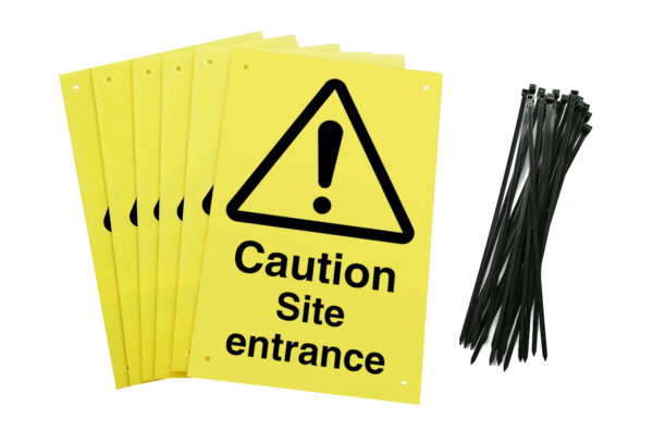 Caution site entrance signs pre-drilled holes with 24 cable ties. yellow background with black text and symbol