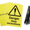 Danger deep excavations signs pre-drilled holes with 24 cable ties. yellow background with black text and symbol