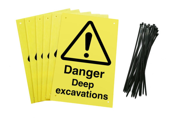 Danger deep excavations signs pre-drilled holes with 24 cable ties. yellow background with black text and symbol