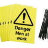 Danger men at work signs pre-drilled holes with 24 cable ties. yellow background with black text and symbol