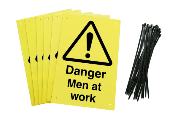 Danger men at work signs pre-drilled holes with 24 cable ties. yellow background with black text and symbol