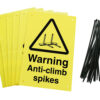 Warning Anti-climb spikes signs pre-drilled holes with 24 cable ties. yellow background with black text and symbol