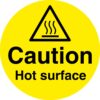 caution hot surface safety sign. 100mm diameter circle self adhesive. yellow background with black text and symbol