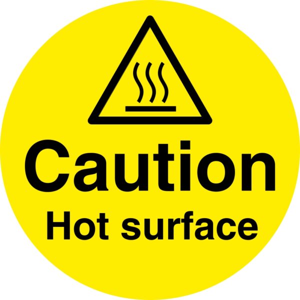 caution hot surface safety sign. 100mm diameter circle self adhesive. yellow background with black text and symbol