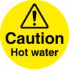 caution hot water safety sign. 100mm diameter circle self adhesive. yellow background with black text and symbol