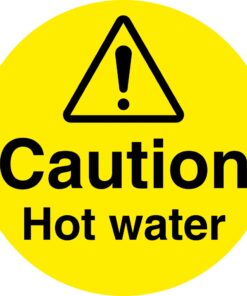 caution hot water safety sign. 100mm diameter circle self adhesive. yellow background with black text and symbol