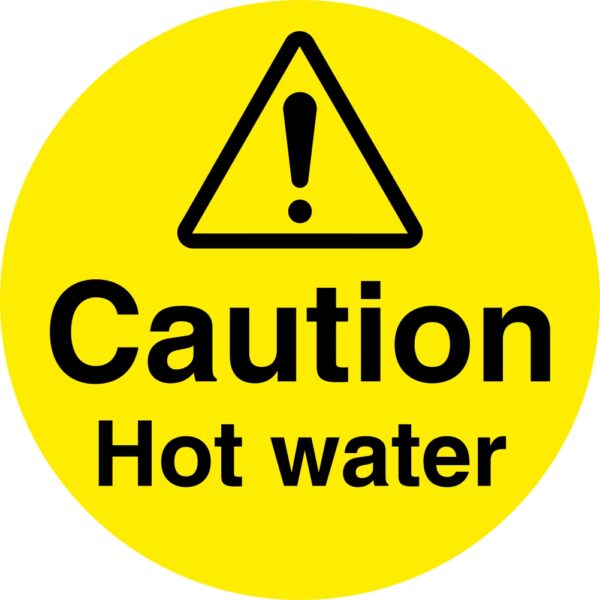caution hot water safety sign. 100mm diameter circle self adhesive. yellow background with black text and symbol