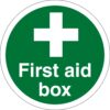 First Aid box Safety Sign. 100mm diameter circle self adhesive, green background with white text and cross symbol