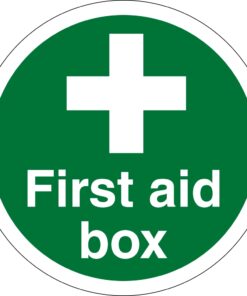 First Aid box Safety Sign. 100mm diameter circle self adhesive, green background with white text and cross symbol