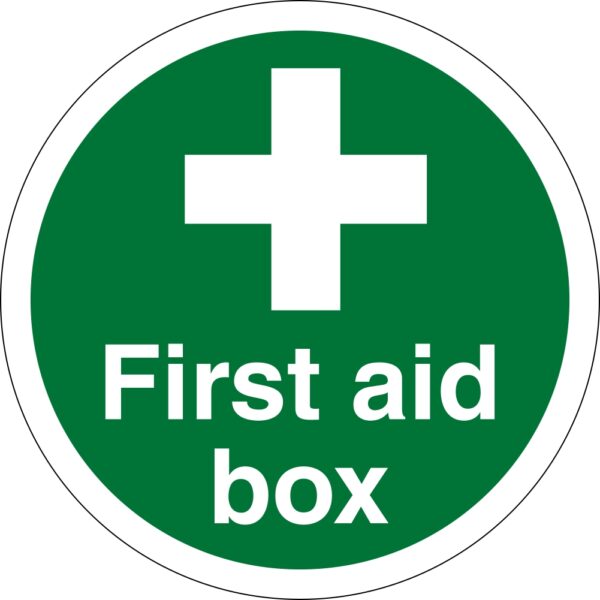 First Aid box Safety Sign. 100mm diameter circle self adhesive, green background with white text and cross symbol