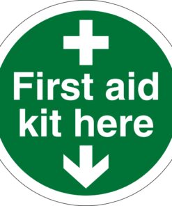 First Aid Kit Here - Safety Sign. 100mm diameter circle self adhesive, green background with white text and cross symbol