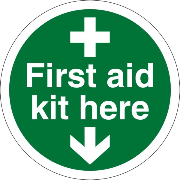 First Aid Kit Here - Safety Sign. 100mm diameter circle self adhesive, green background with white text and cross symbol