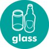 glass recycling sign, 100mm diameter, self adhesive. green background with white text and image