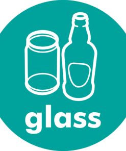 glass recycling sign, 100mm diameter, self adhesive. green background with white text and image