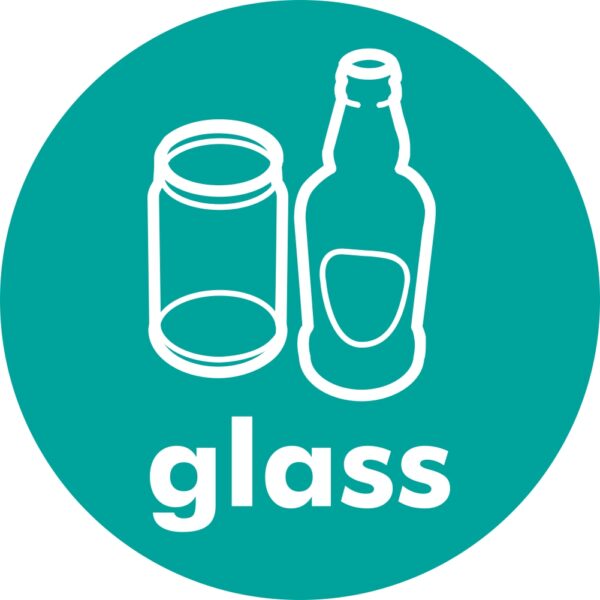 glass recycling sign, 100mm diameter, self adhesive. green background with white text and image