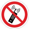 no mobile phone prohibition sign. 90mm diameter self adhesive. Bold red circle with diagonal bar and black mobile phone symbol
