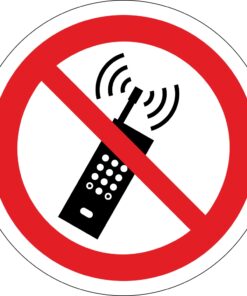 no mobile phone prohibition sign. 90mm diameter self adhesive. Bold red circle with diagonal bar and black mobile phone symbol