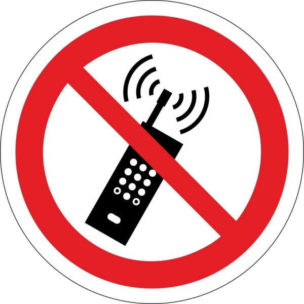 no mobile phone prohibition sign. 90mm diameter self adhesive. Bold red circle with diagonal bar and black mobile phone symbol