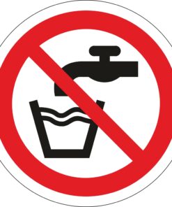 not drinking water safety sign. 90mm diameter circle, self adhesive, red, black, white with symbol