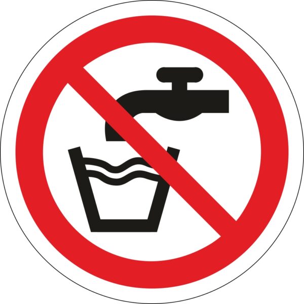 not drinking water safety sign. 90mm diameter circle, self adhesive, red, black, white with symbol