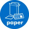 paper recycling sign, 100mm diameter, self adhesive. blue background with white text and image
