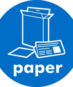 paper recycling sign, 100mm diameter, self adhesive. blue background with white text and image