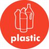 plastic recycling sign, 100mm diameter, self adhesive. orange background with white text and image
