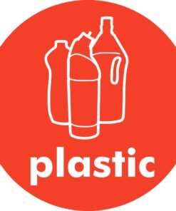 plastic recycling sign, 100mm diameter, self adhesive. orange background with white text and image