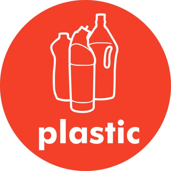 plastic recycling sign, 100mm diameter, self adhesive. orange background with white text and image