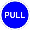 pull door safety sign. self adhesive 100mm diameter circle. blue background with white text