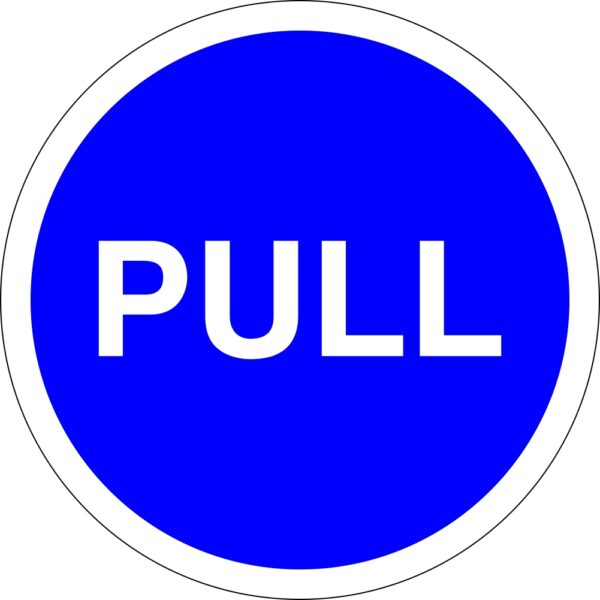 pull door safety sign. self adhesive 100mm diameter circle. blue background with white text