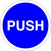 push door safety sign. self adhesive 100mm diameter circle. blue background with white text