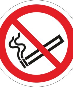 No smoking safety sign. 100mm diameter circle. self adhesive red and black symbol